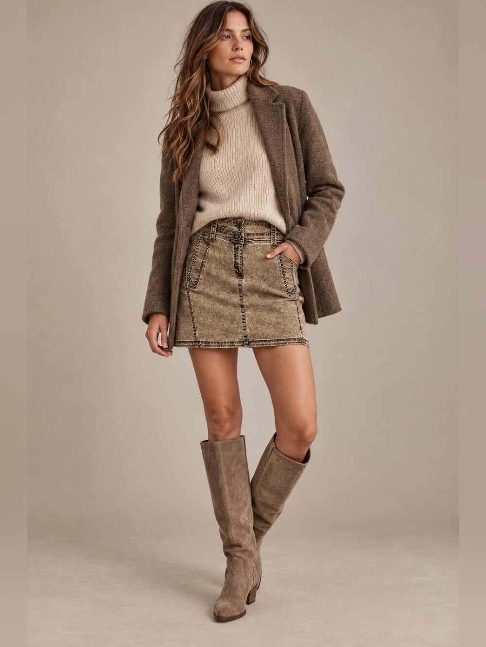 PERUVIAN CONNECTION Brown Acid Stone Wash Denim Jean Mini Skirt Size 16